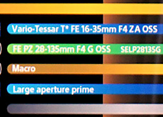 「Vario-Tessar T* FE 16-35mm F4 ZA OSS」、「FE PZ 28-135mm F4 G OSS」