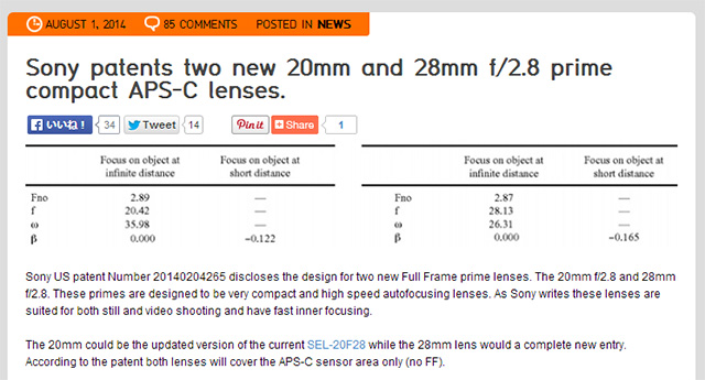 ソニーAPS-C用レンズ「20mm F2.8」と「28mm F2.8」を開発中！？