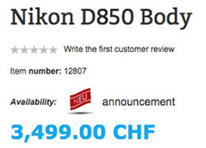 ニコンD850の価格が各種ウェブストアに掲載されている模様。3,600ドルが濃厚！？