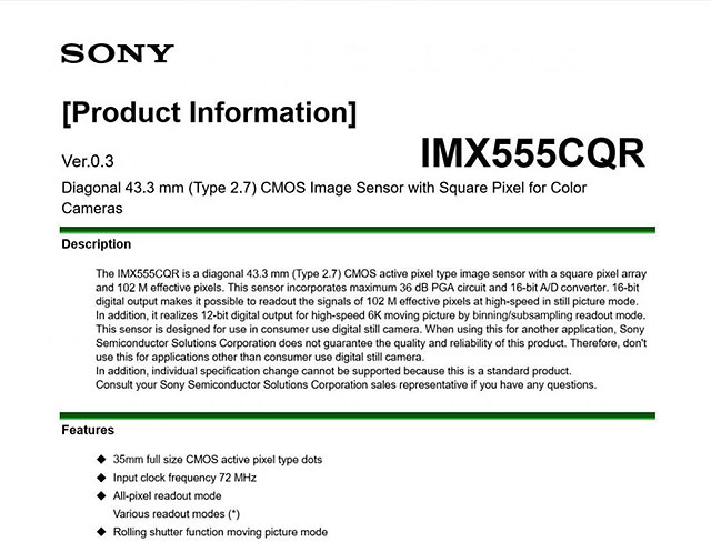 ソニーの1億画素フルサイズセンサー「IMX55CQR」