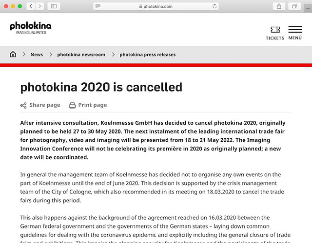 新型コロナの影響で「フォトキナ2020」が開催中止。次回は2022年に開催される模様。