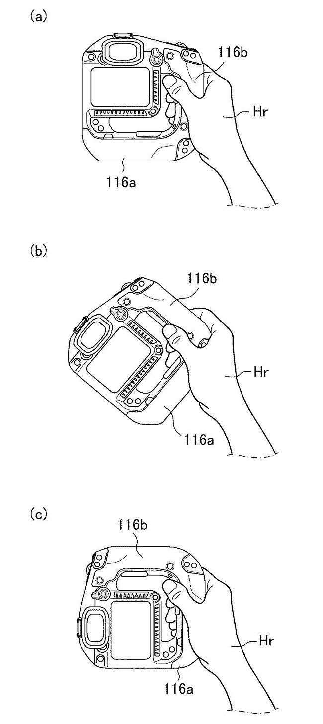 キヤノンの指を通して掴むための空洞があるグリップ一体型ミラーレスカメラの特許