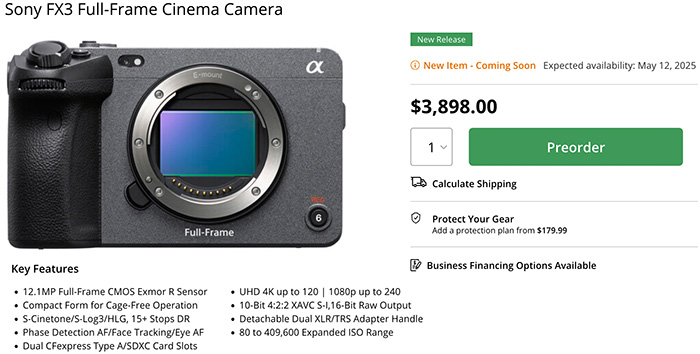 ソニー「FX3」のマイナーチェンジモデル「FX3A」が発表された