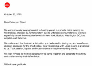 米国で今週予定されていたライカのイベントが「不測の事態」により全て中止になった模様。「ライカM EV1」発表への影響は？