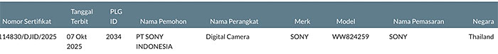 インドネシアの認証機関で登録されたソニーの新カメラ「WW824259」