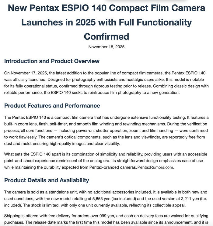 ペンタックス・フィルム・プロジェクトから「ESPIO 140」が登場する！？