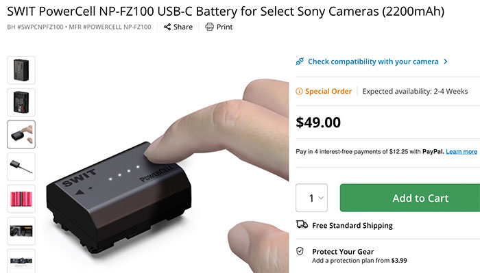 SWITの互換バッテリー「Powercell」シリーズ。「LP-E6P」「NP-W235」「NP-FZ100」「EN-EL15c」互換対応。