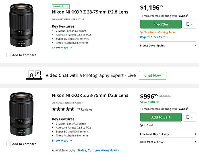 B&Hで「NIKKOR Z 28-75mm F2.8」が2価格表示：一方に“新製品”タグ、誤表示か新型か