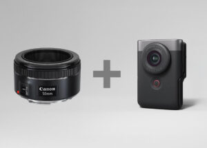 キヤノンがCP+2026で展示した「アナログ・コンセプト・カメラ」は、「EF50mm F1.8」と「PowerShot V10」を組み合わせた試作品。