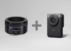 キヤノンがCP+2026で展示した「アナログ・コンセプト・カメラ」は、「EF50mm F1.8」と「PowerShot V10」を組み合わせた試作品。